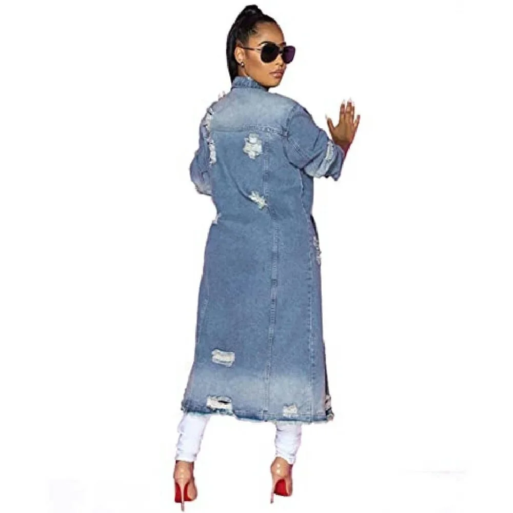 Distressed Denim Jacket Coat Ripped Holes Ankle Length Women's Size